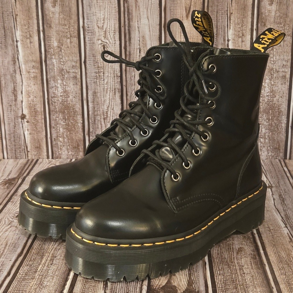 Dr. Martens Black Leather Platform Combat Boots with Yellow Stitching